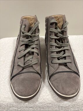 CHANEL Taupe Suede High-Top Sneakers